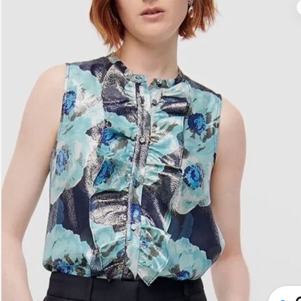 NWOT J.Crew Metallic Floral Button Ffont Sleeveless Top - Blue and Black, Medium